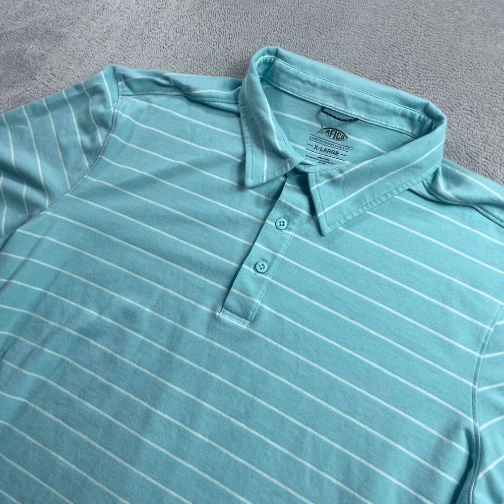 AFTCO Mens XL Pima Cotton Blend Striped Polo Shirt Light Blue‎ Short Sleeve